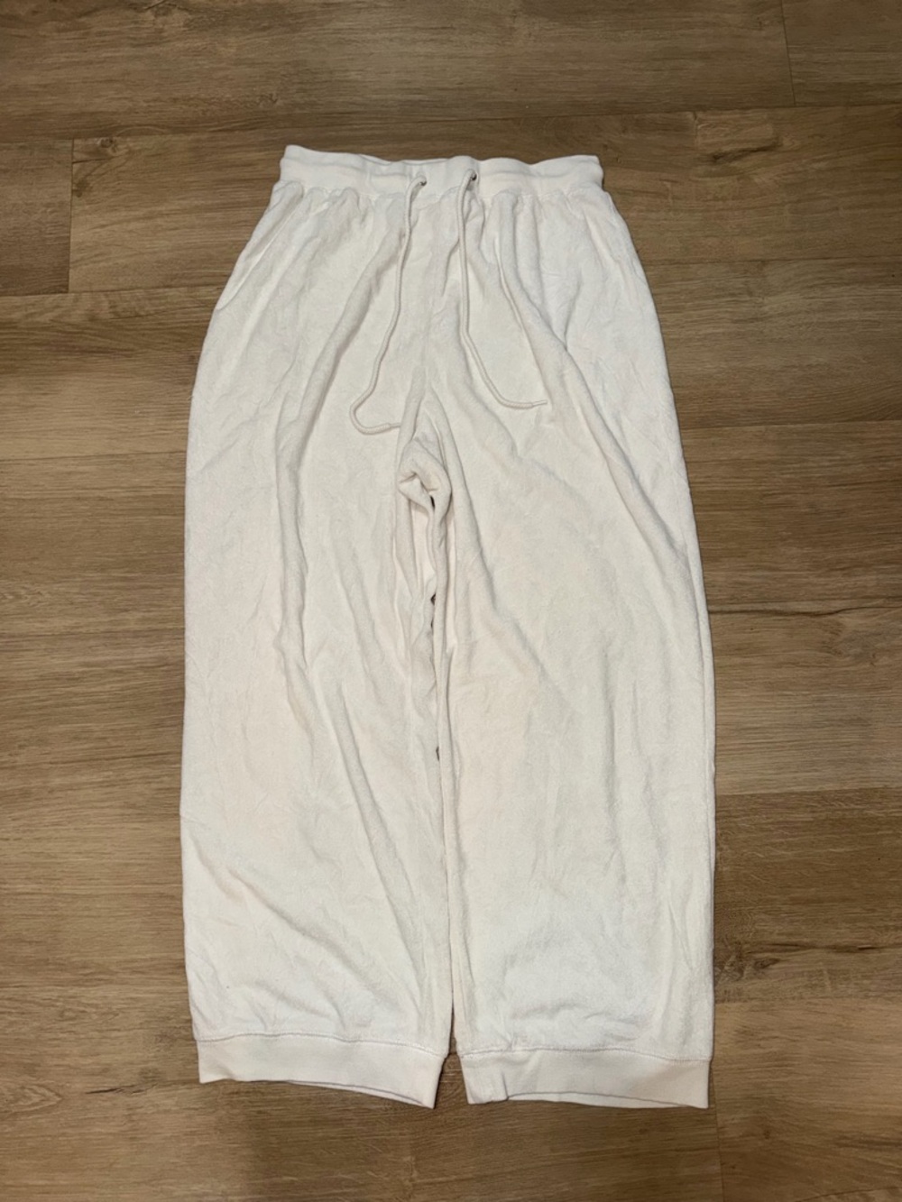 Wide Leg Terry Drawstring Pants in Off-White